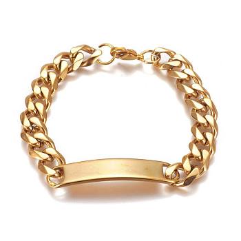 304 Stainless Steel Cuban Link Chain Bracelets, ID Bracelets, with Lobster Claw Clasps, Golden, 8-1/2 inch(21.5cm), 10mm