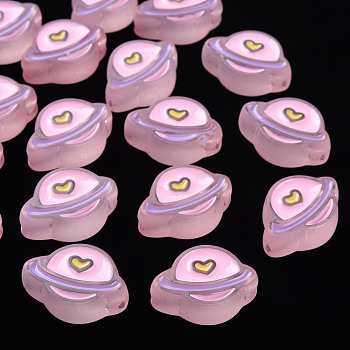 Transparent Acrylic Beads, with Enamel, Frosted, Planet, Pink, 19x26x9mm, Hole: 3mm