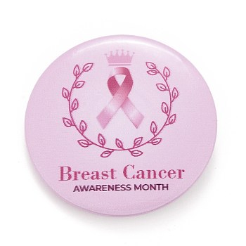 Breast Cancer Awareness Month Tinplate Brooch Pin, Pink Flat Round Badge for Clothing Bags Jackets, Platinum, Leaf Pattern, 44x7mm