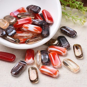 Opaque Czech Glass Beads, Retro Style, Rectangle, Mixed Color, 21~22x10x5~5.5mm, Hole: 1mm, about 60pcs/bag