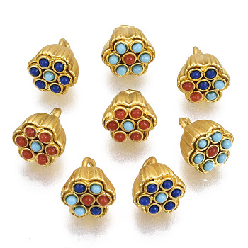 Brass Charms, with Resin Beads, Lotus Pod, Matte Style, Matte Gold Color, Mixed Color, 10x8.5x8mm, Hole: 1.8mm