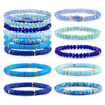 7Pcs 7 Style Handmade Polymer Clay Heishi Surfer Stretch Bracelets Set, Glass Beads Stackable Bracelets, Preppy Jewelry for Women, Blue, Inner Diameter: 2-1/8 inch(5.3cm), 1Pc/style