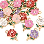 20Pcs Barrel Plating Alloy Pendants, with Enamel and Rhinestone, Cadmium Free & Nickel Free & Lead Free, Flower, Light Gold, Mixed Color, 18.5x11.5x2.5mm, Hole: 1.6mm(ENAM-YW0006-58)