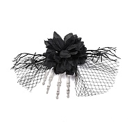 Halloween Party Hair Accessories, Skeleton Hand Plastic Alligator Hair Clip, Rose Polyester Mesh Hair Clip, Black, 260x160x32mm(AJEW-S088-06A)