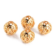 Long-Lasting Plated Hollowed Brass Beads, Filigree Beads, Round, Real 24K Gold Plated, 7.5x7mm, Hole: 3mm(X-KK-O133-002B-G)