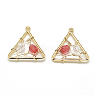 Brass Pendants, with Glass Beads, Triangle, Real 18K Gold Plated, Red, 18x17x3.5mm, Hole: 1mm(X-KK-T032-065G-03)