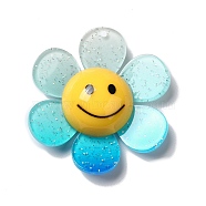 Acrylic Big Pendants with Glitter Powder, Two Tone Flower with Smile, Deep Sky Blue, 52x48x14.5mm, Hole: 2mm(MACR-M023-03E)