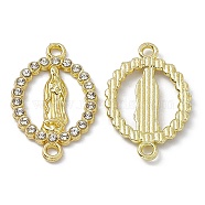 Religion Alloy Connector Charms, with Rhinestones, Flat Round Links with Virgin Pattern, Light Gold, Crystal, 23x15x2mm, Hole: 1.6mm(FIND-A024-06KCG-02)