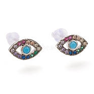 Colorful Cubic Zirconia Horse Eye Stud Earrings, Brass Jewelry for Women, Platinum, 6x10mm, Pin: 0.8mm(ZIRC-SZ0004-32P)