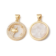 Rack Plating Brass Shell Pendants, with Cubic Zirconia & Natural Shell, Flat Round with Constellation Charms, Cadmium Free & Lead Free, Long-Lasting Plated, Real 18K Gold Plated, Taurus, 19x16x3mm, Hole: 4x3.5mm(KK-D087-25G-10)