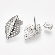 304 Stainless Steel Stud Earring Findings, with Loop and Ear Nuts/Earring Backs, Leaf, Stainless Steel Color, 18x11mm, Hole: 0.9mm, Pin: 0.7mm(STAS-S079-65B)