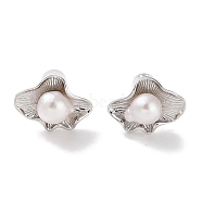 Sterling Silver Stud Earrings, with Natural Pearl, Jewely for Women, Flower, Platinum, 12.5x16mm(EJEW-C087-08A-P)