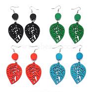 Trendy Leaf Wood Dangle Earrings, with Platinum Tone Alloy Earring Hooks, Mixed Color, 89~92x34~36mm, pin: 0.8mm(EJEW-F062-K)