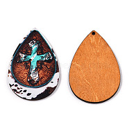 Single Face Printed Basswood Big Pendants, Teardrop Charm with Cross Pattern, Turquoise, 60x40x3mm, Hole: 2mm(WOOD-TAC0021-11A)