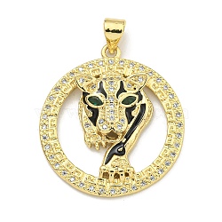Brass Micro Pave Cubic Zirconia Pendants, with Enamel, Leopard Charms, Real 18K Gold Plated, 27x24.5x4mm, Hole: 4x3.5mm(KK-K354-09E-G)