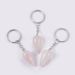 Natural Rose Quartz Keychain, with Iron Key Rings, Platinum, teardrop, 80.5mm, Pendant: 33.5x15.5mm(KEYC-P041-B014)