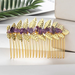 Leaf Natural Amethyst Chips Hair Combs, with Iron Combs, Hair Accessories for Women Girls, 45x80x10mm(PW-WG12843-10)