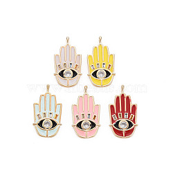 Brass Enamel Pendants, with Clear Cubic Zirconia, Nickel Free, Hamsa Hand/Hand of Miriam, Mixed Color, 24x12x2mm, Hole: 1.4mm(KK-S356-672-NF)