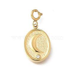 Oval with Moon 304 Stainless Steel Rhinestone Pendant Decorations, with Spring Ring Clasps, Ion Plating(IP), Real 18K Gold Plated, 23mm(STAS-H202-30G)