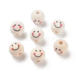 (Defective Closeout Sale: Wood Textured and 
Stain) Natural Wood Printed European Beads, Large Hole Beads, Round with Smiling Face Pattern, Floral White, 18~18.5x17mm, Hole: 5mm, about 260pcs/500g(WOOD-XCP0001-65)