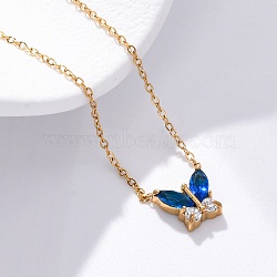 304 Stainless Steel Cubic Zirconia Butterfly Pendant Necklaces, Golden, Blue, 18.31 inch(46.5cm)(NJEW-Z057-05A-G)