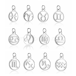 304 Stainless Steel Charms, with Jump Rings, Polished, Flat Round with Constellation, Stainless Steel Color, 13x11x1mm, Hole: 2.5mm, 12 Constellation, 1pc/Constellation, 12pcs/set(STAS-T036-T513-A-M)