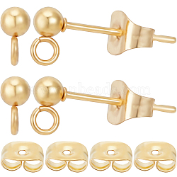 50Pcs 304 Stainless Steel Round Ball Post Stud Earring Findings, with Vertical Loops, 50Pcs Friction Ear Nuts, Real 24K Gold Plated, 15x6mm, Hole: 1.5mm, Pin: 0.8mm(STAS-BBC0004-78)