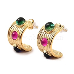 Real 18K Gold Plated 304 Stainless Steel Arch Stud Earrings with Resin Beaded, Colorful, 22x13mm(EJEW-G358-01G-03)