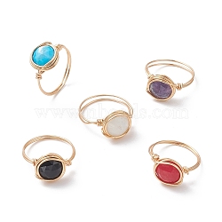 Natural Mixed Gemstone Flat Round Finger Rings, Golden Copper Wire Wrap Jewelry for Women, Inner Diameter: 18.7~20.5mm(RJEW-JR00565)
