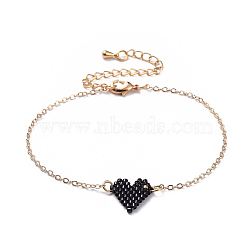 Link Bracelets, with Handmade Japanese Seed Beads, Brass Cable Chains & Extension Chains, Heart, Black, 6-7/8 inch(17.5cm)(BJEW-JB04531-01)