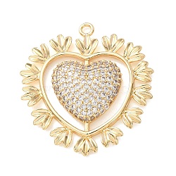 Brass Micro Pave Clear Cubic Zirconia Pendants, Heart with Feather Charms, Real 18K Gold Plated, 31x29.5x4.5mm, Hole: 1.8mm(KK-C264-17A-G)