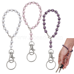 3Pcs Cat Eye Bead Keychains, with Iron Swivel Lobster Claw Clasps and Rings, Platinum, Mixed Color, 120mm(KEYC-FG00006)