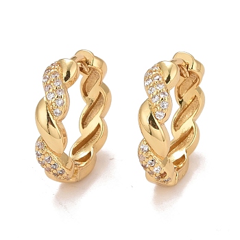Clear Cubic Zirconia Twisted Rope Shape Hoop Earrings, Brass Hinged Earrings for Women, Cadmium Free & Nickel Free & Lead Free, Real 18K Gold Plated, 16x3.5mm, Pin: 0.9mm