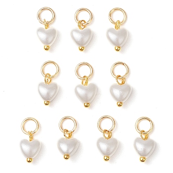 ABS Imitation Pearl Charms, Heart Charm, with 304 Stainless Steel Jump Ring, Golden, 9x6x3.5mm, Hole: 3mm