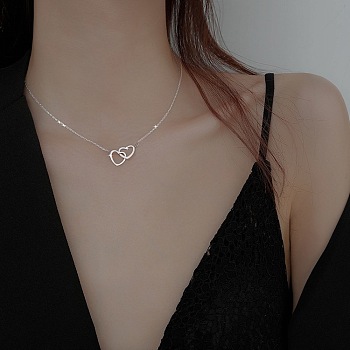 Alloy Double Heart Ring Pendant Necklaces for Women, Platinum, 16.73 inch(42.5cm)