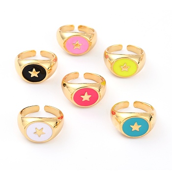Brass Enamel Cuff Rings, Open Rings, Flat Round with Star, Real 18K Gold Plated, Mixed Color, US Size 8, Inner Diameter: 18mm