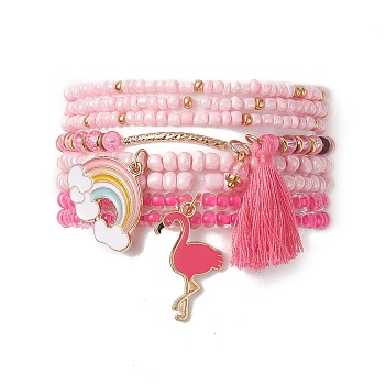 8Pcs 8 Styles Glass Seed Beaded Stretch Bracelets Set, Alloy Enamel & Cotton Tassel Charms Stackable Bracelets for Women, Pink, Flamingo Pattern, Inner Diameter: 2-3/8 inch(6cm), Rainbow: 25x21.5x1.5mm, 1Pc/style