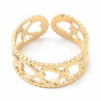 304 Stainless Steel Hollow Heart Open Cuff Rings, Real 14K Gold Plated, Inner Diameter: 17mm