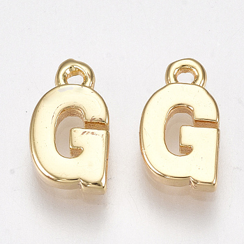Brass Charms, Letter, Nickel Free, Real 18K Gold Plated, Letter.G, 8.5x5x1.5mm, Hole: 0.8mm