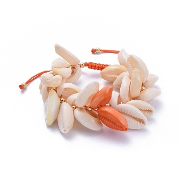 Adjustable Nylon Thread Cord Braided Bead Bracelets, with Natural Cowrie Shell Beads and Brass Beads, Golden, Orange, 5~9cm
