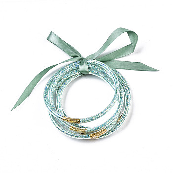 PVC Plastic Buddhist Bangle Sets, Jelly Bangles, with Paillette/Sequins and Polyester Ribbon, Aquamarine, 2-1/2 inch(6.5cm), 5pcs/set