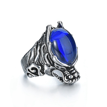 Resin Adjustable Finger Ring, Dragon Antique Silver Alloy Finger Ring, Blue, Wide: 20~45mm