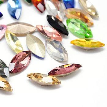 Glass Pointed Back Rhinestone Cabochons, Back Plated, Faceted Horse Eye, Navette Rhinestone, Mixed Color, 32x17x8mm, about 48pcs/bag