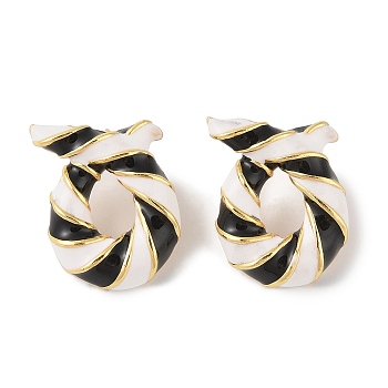 Brass with Enamel Twist Stud Earrings for Women, Lead Free & Cadmium Free, Real 18K Gold Plated, Black, 24.5x19.5mm