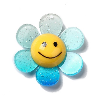 Acrylic Big Pendants with Glitter Powder, Two Tone Flower with Smile, Deep Sky Blue, 52x48x14.5mm, Hole: 2mm