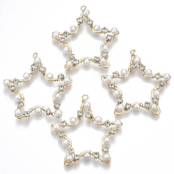 Brass Micro Pave Cubic Zirconia Pendants, with ABS Plastic Imitation Pearl Beads, Nickel Free, Star, Real 18K Gold Plated, Creamy White, 43x40x5mm, Hole: 2mm