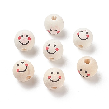(Defective Closeout Sale: Wood Textured and 
Stain) Natural Wood Printed European Beads, Large Hole Beads, Round with Smiling Face Pattern, Floral White, 18~18.5x17mm, Hole: 5mm, about 260pcs/500g