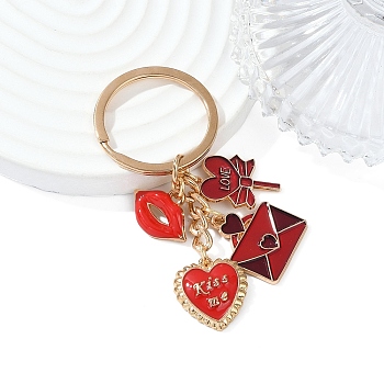 Valentine's Day Alloy Enamel Keychain, with Iron Rings, Heart, Red, 75mm