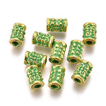 Alloy Beads, Column, Lead Free & Cadmium Free, Golden & Green Patina, 7x4.5mm, Hole: 2.2mm