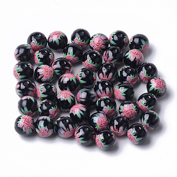 Printed & Spray Painted Glass Beads, Round with Flower Pattern, Black, 8~8.5x7.5mm, Hole: 1.4mm